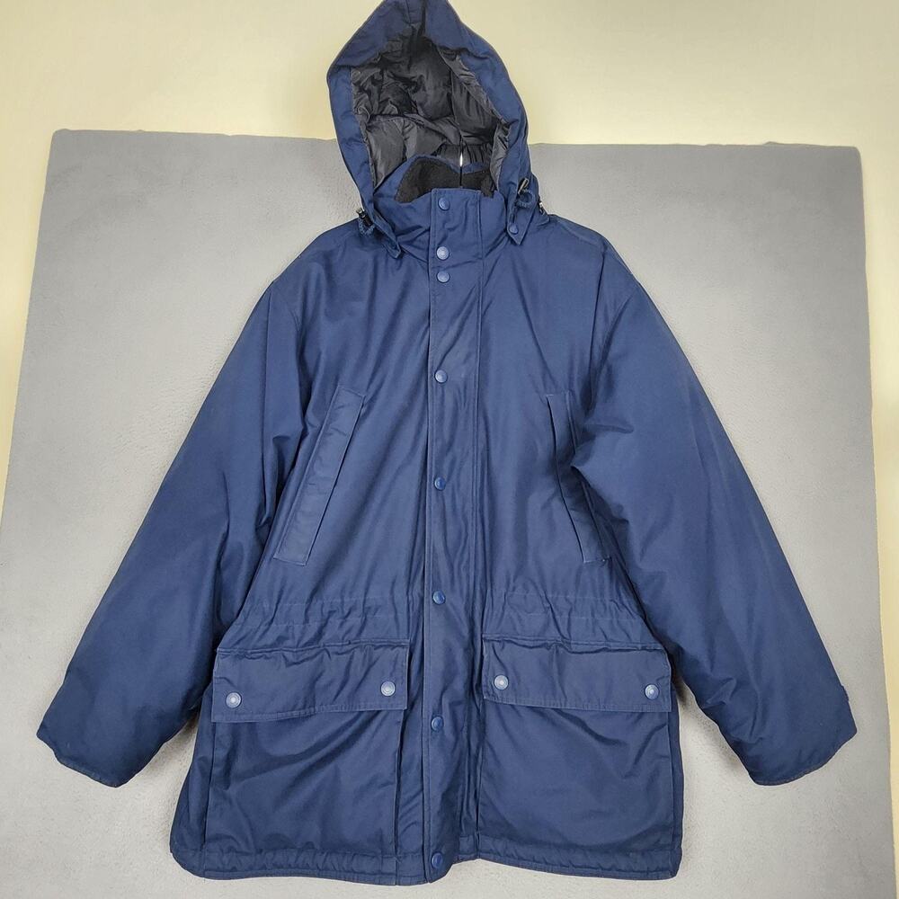 Vintage Eddie Bauer Parka Coat Mens Large Blue Goose Down Hooded Barn Jacket